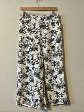 Wide Leg Tropical Print 100% Linen Pants White and Black Size Medium